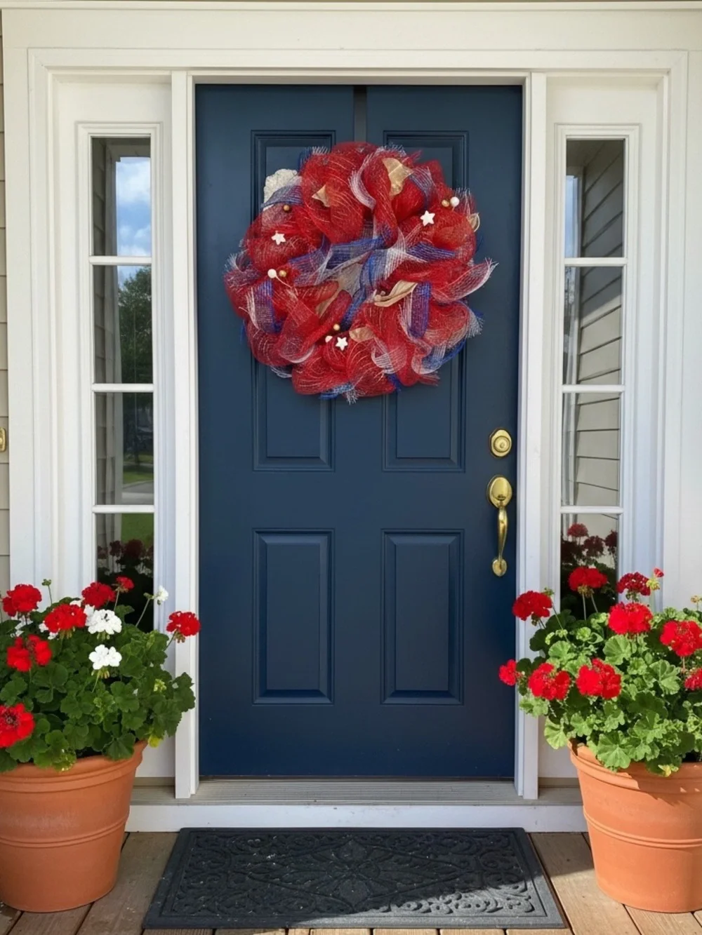 Patriotic Red Mesh Wreath - Home Holiday Decorative Door Accent